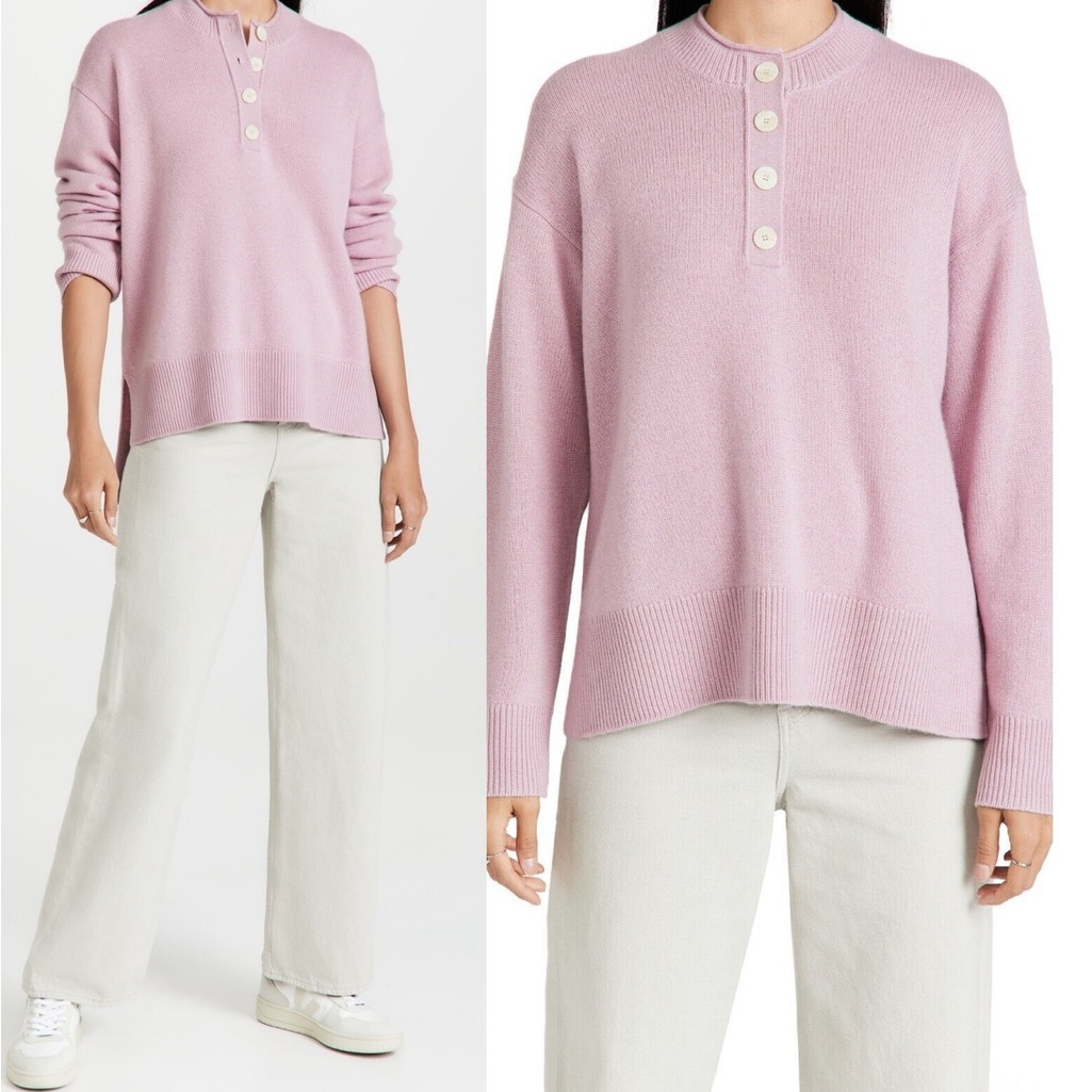 $445 Theory Cashmere Henley Sweater Pink Lilac Hi-Low Step Hem Size Medium
